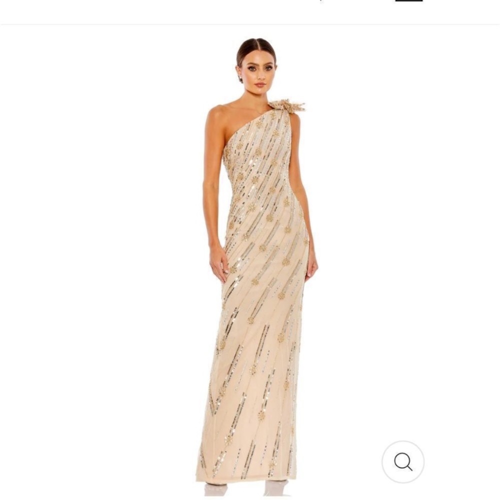 Mac Duggal Nude Gold Beaded Sequin One Shoulder Flower Maxi Dress 93739 | 10